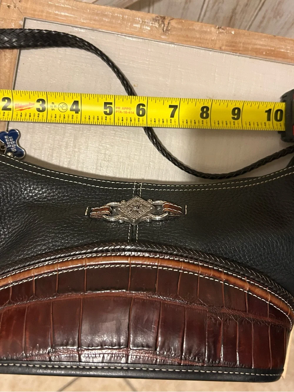 Brighton Vintage Black Pebbled Leather & Brown Croc Hobo Shoulder Bag Purse